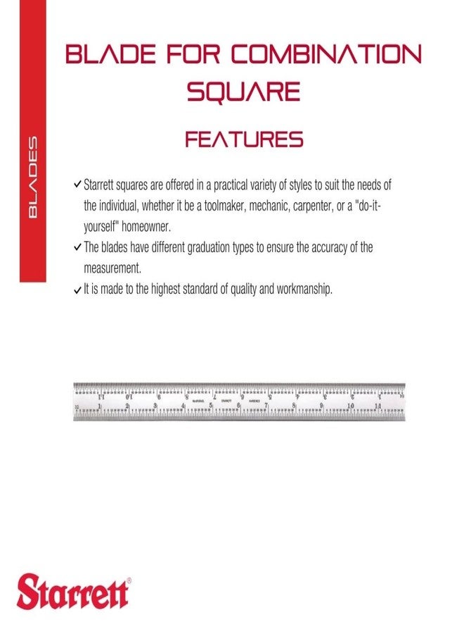 Starrett Square Blade Only for Combination Squares, Sets and Bevel Protractors - Ideal for Woodworking and Metalworking - 12" Length, Satin Chrome Finish - CB12-4R - Image 2