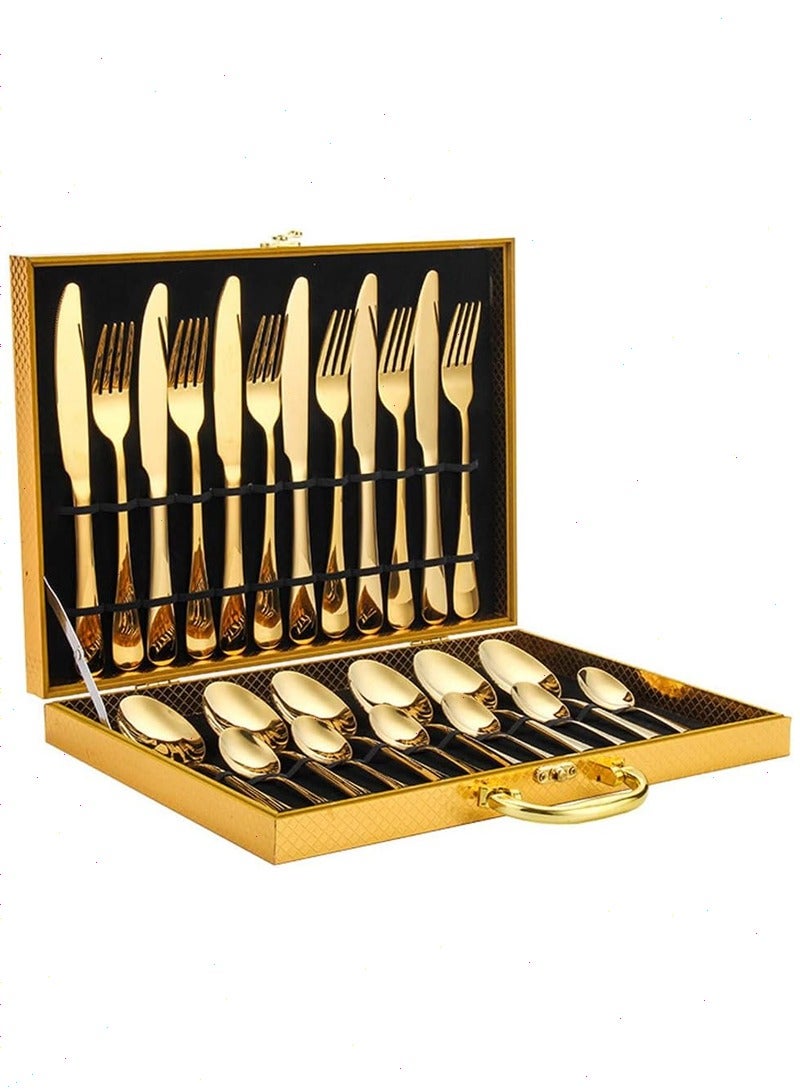 Good Gift, Stainless Steel Gold Cutlery Set with Luxury Wooden Box and Shiny Set, 24 Pieces, 6 Knives, Thorns, Spoons and teaspoons (Gold) - Image 1