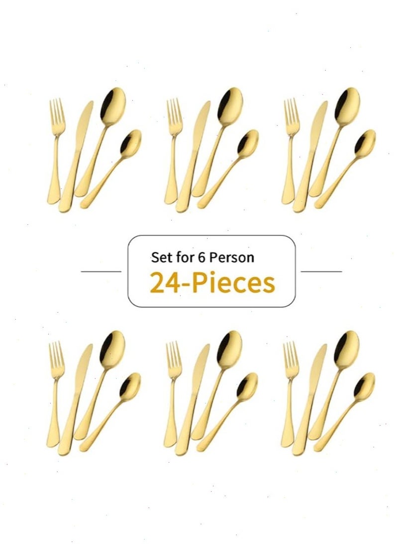 Good Gift, Stainless Steel Gold Cutlery Set with Luxury Wooden Box and Shiny Set, 24 Pieces, 6 Knives, Thorns, Spoons and teaspoons (Gold) - Image 2