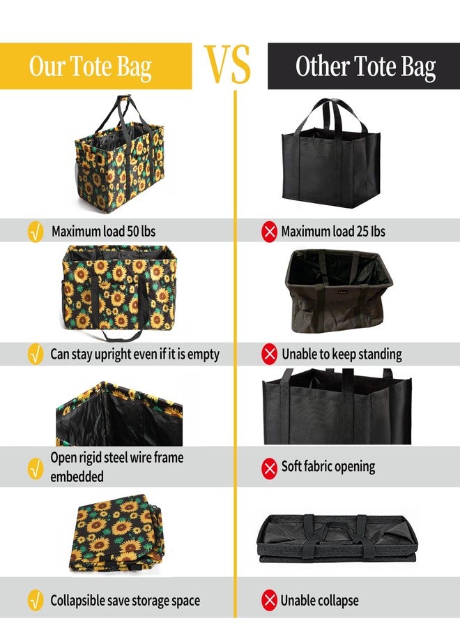 Joyfol Day Extra Large Utility Tote Bag, Reusable Grocery Bags Foldable, Upgraded Metal Frame, With Sturdy Handles Reinforced Bottom Heavy Duty Oxford Fabric Moving Shopping Bags, Sunflower - Image 5