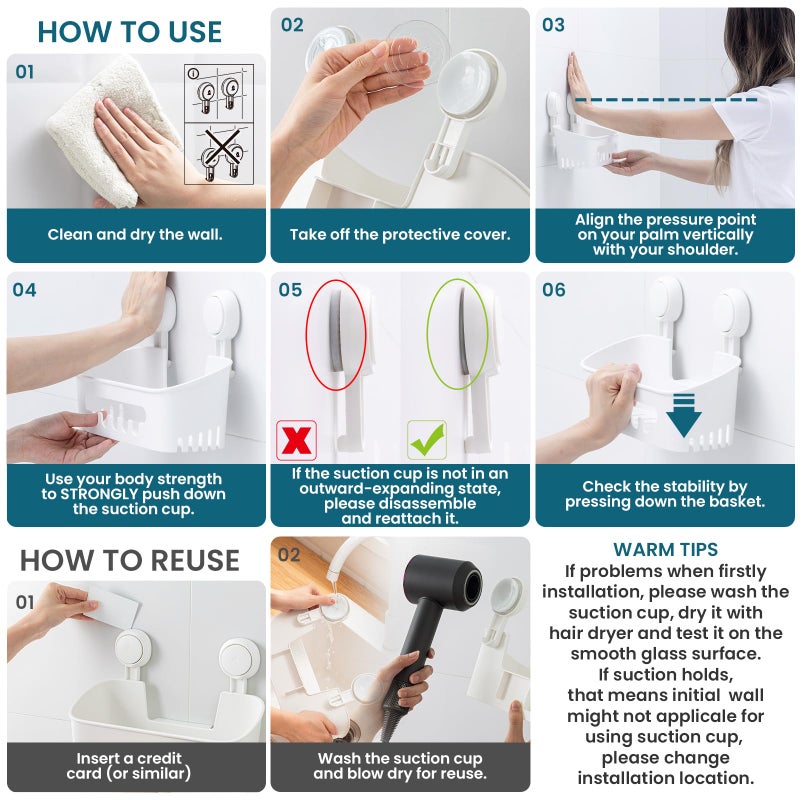 تايلي Taili Shower Caddy Cupt Cup 2 حزمة شاقة الحمام دش منظم رفوف قابلة للإزالة للداخل دش شامبو تخزين بلاستيكي مثبت على الحمام أبيض - Image 5