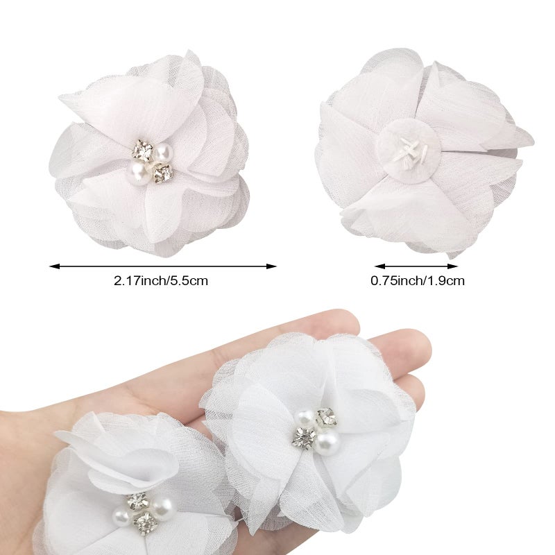DonLeeving 30 PCS Rhinestone Pearl White Chiffon Flower Sewing Fabric Appliques for Clothing, Headbands Flower, Crafts, Party Decoration, Sewing Applique - Image 2