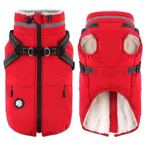 Dogcheer Dog Coat with Harness Waterproof Dog Jacket Christmas Puppy Winter Coat with Pocket Reflective Doggy Turtleneck Puffer Vest for Small Medium Large Dogs Red XS - Image 1