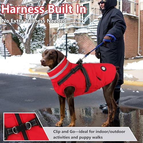 Dogcheer Dog Coat with Harness Waterproof Dog Jacket Christmas Puppy Winter Coat with Pocket Reflective Doggy Turtleneck Puffer Vest for Small Medium Large Dogs Red XS - Image 3