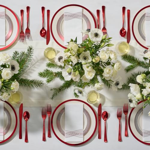 By Madee HEAVYWEIGHT 175 Pc Christmas Plates and Napkins Disposable | White with Red Trim Plastic Plates, Silverware & Napkins | Fancy Disposable Dinnerware Set for Weddings & Party (25 Guests) - Image 3