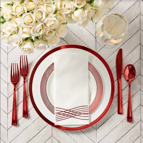 By Madee HEAVYWEIGHT 175 Pc Christmas Plates and Napkins Disposable | White with Red Trim Plastic Plates, Silverware & Napkins | Fancy Disposable Dinnerware Set for Weddings & Party (25 Guests) - Image 5
