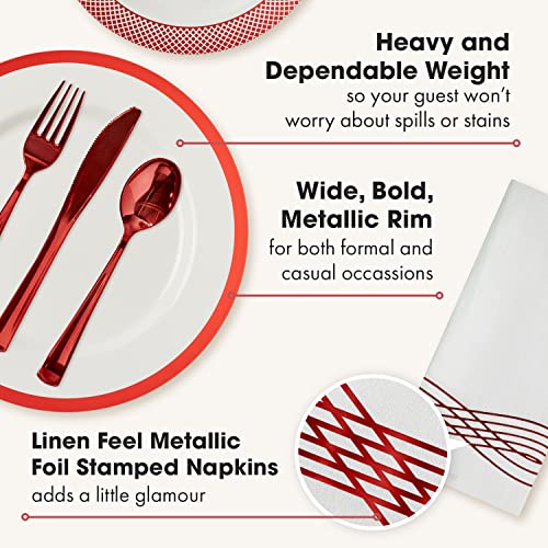 By Madee HEAVYWEIGHT 175 Pc Christmas Plates and Napkins Disposable | White with Red Trim Plastic Plates, Silverware & Napkins | Fancy Disposable Dinnerware Set for Weddings & Party (25 Guests) - Image 2