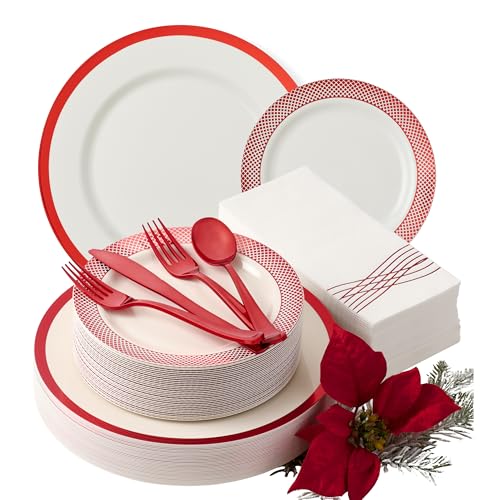 By Madee HEAVYWEIGHT 175 Pc Christmas Plates and Napkins Disposable | White with Red Trim Plastic Plates, Silverware & Napkins | Fancy Disposable Dinnerware Set for Weddings & Party (25 Guests) - Image 1