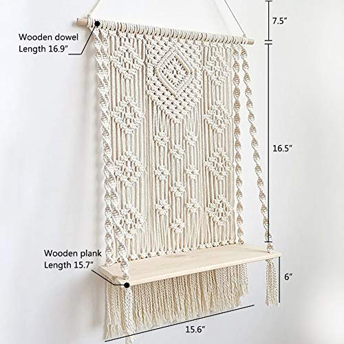 AMIAEDU Macrame Wall Hanging Shelf, Handmade Indoor Boho Pot Basket Hanger Holder, Rope Plant Hanger for Wall Decor (White) - Image 3