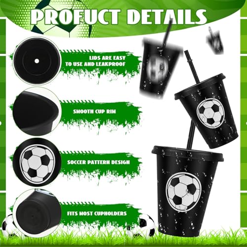 Domensi 20 Pcs Soccer Party Favor Cups Bulk 16oz Soccer Cups Reusable Plastic Tumbler with Lid and Straw for Team Coach Friend Fan Men Women Gifts Party Favor Decoration Supplies - Image 3