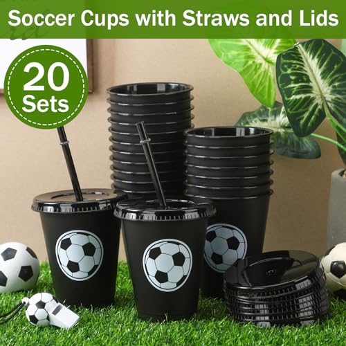 Domensi 20 Pcs Soccer Party Favor Cups Bulk 16oz Soccer Cups Reusable Plastic Tumbler with Lid and Straw for Team Coach Friend Fan Men Women Gifts Party Favor Decoration Supplies - Image 4