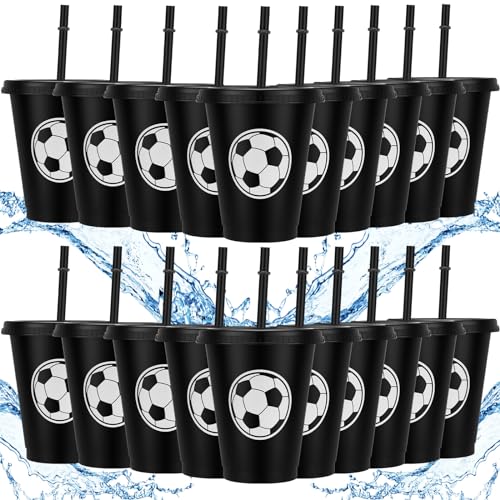 Domensi 20 Pcs Soccer Party Favor Cups Bulk 16oz Soccer Cups Reusable Plastic Tumbler with Lid and Straw for Team Coach Friend Fan Men Women Gifts Party Favor Decoration Supplies - Image 1
