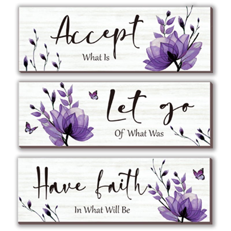 ONIZHITY 3 Pcs Purple Bathroom Decor Rustic Flower Wall Art Accept Let Go Have Faith Farmhouse Bedroom Wall Decor Wooden Inspirational Quotes Decorations for Living Room Bathroom Bedroom(Purple, 12 x 4 Inches) - Image 1