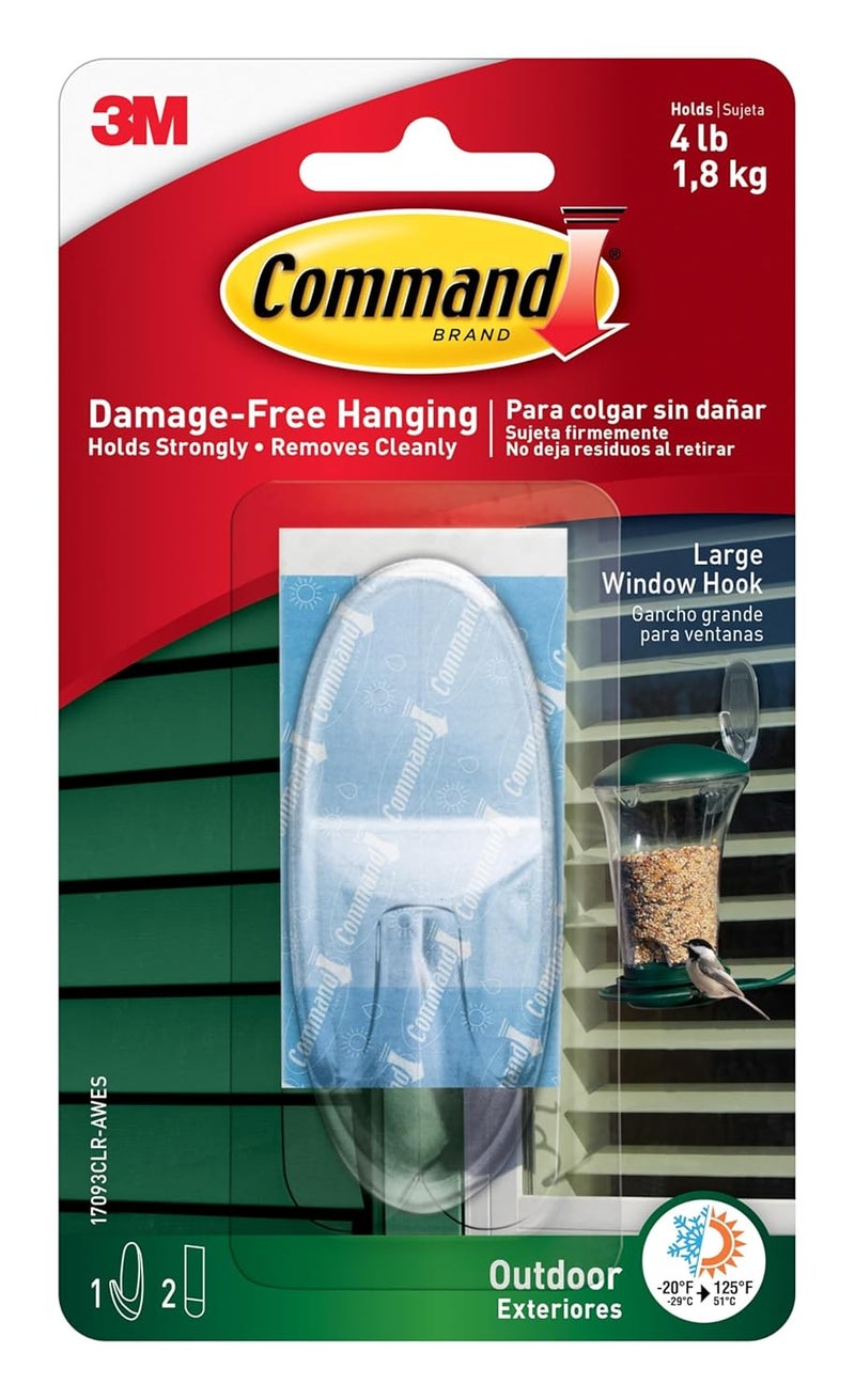 Command Outdoor Large Clear Wall Hooks, 1 Hook and 2 Strips, Damage Free Hanging Wall Hooks for Hanging Christmas Decorations with Weather Resistant Strips, Holds up to 4 lb - Image 1