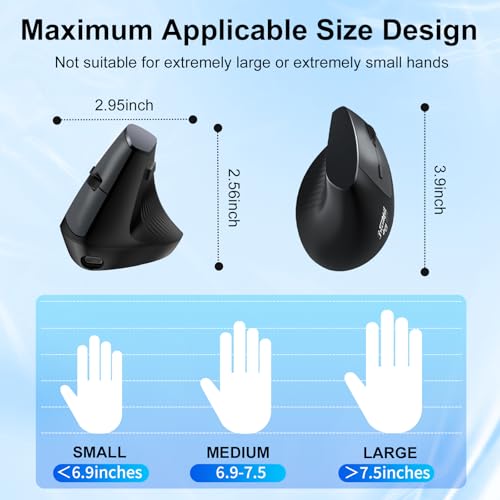 LOONASA Ergonomic Bluetooth Mouse, Wireless Rechargeable Vertical Mouse for Carpal Tunnel with USBC & BT 5.0/3.0 & 2.4G Connect, Silent, Easy to use, 6 Buttons for Laptop PC MacBook Desktop Computer - Image 5