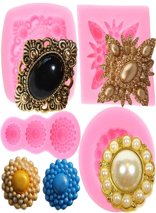 ZiXiang Pearl Diamond Brooch Silicone Molds Brooch Gemstone Fondant Mold For Cake Decoration Cupcake Topper Sugar Cum Paste Chocolate Candy Jewelry Polymer Clay Set of 4 - Image 1