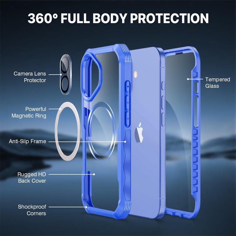 CENHUFO Magnetic Case for iPhone 16 Plus, Compatible with MagSafe Built-in Tempered Glass Screen Protector and Camera Protector, 360° Shockproof Phone Cover Case - Light Blue Compact trendy practical build - Image 2