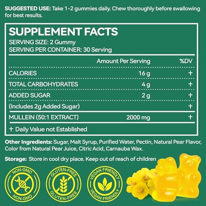 SDJUFEI 2 Pack Mullein Gummies for Lungs, 2000mg Mullein Leaf Extract for Respiratory & Digestive & Immune Support, Natural Herbal Supplement, Pear Flavor Gummies 60 Gummies - Image 5