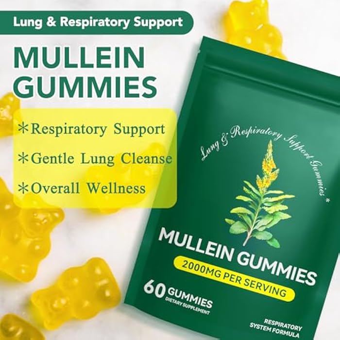 SDJUFEI 2 Pack Mullein Gummies for Lungs, 2000mg Mullein Leaf Extract for Respiratory & Digestive & Immune Support, Natural Herbal Supplement, Pear Flavor Gummies 60 Gummies - Image 2