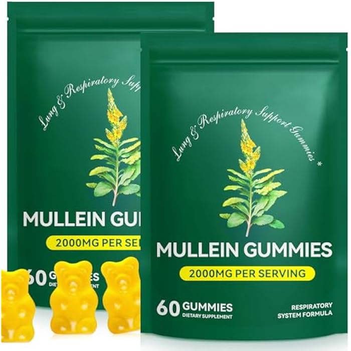 SDJUFEI 2 Pack Mullein Gummies for Lungs, 2000mg Mullein Leaf Extract for Respiratory & Digestive & Immune Support, Natural Herbal Supplement, Pear Flavor Gummies 60 Gummies - Image 1