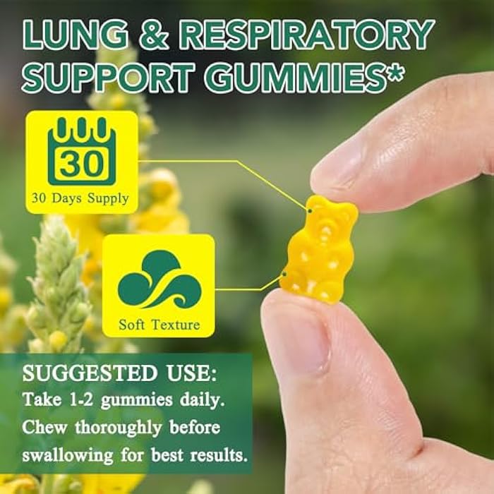 SDJUFEI 2 Pack Mullein Gummies for Lungs, 2000mg Mullein Leaf Extract for Respiratory & Digestive & Immune Support, Natural Herbal Supplement, Pear Flavor Gummies 60 Gummies - Image 4