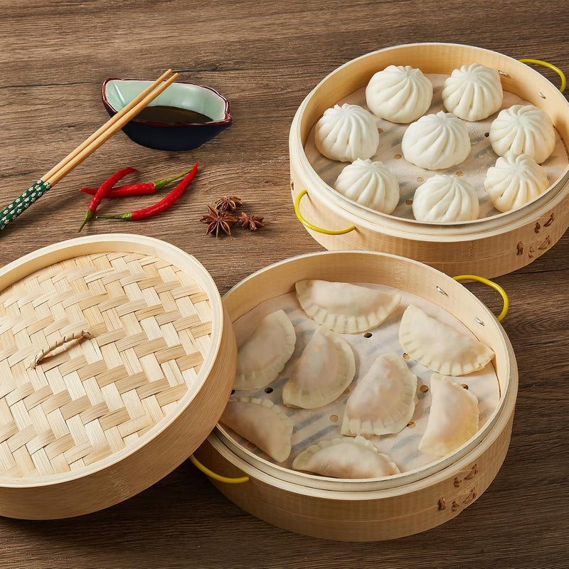 MacaRio Bamboo Steamer Basket Set 10 inch Steamer for Cooking, with Side Handles Chopsticks Ceramic Sauce Dishes Paper Liners, for Dim Sum Dumplings Buns Seafoods Rice Asian Foods - Image 2
