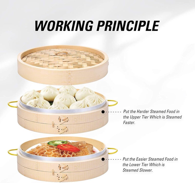 MacaRio Bamboo Steamer Basket Set 10 inch Steamer for Cooking, with Side Handles Chopsticks Ceramic Sauce Dishes Paper Liners, for Dim Sum Dumplings Buns Seafoods Rice Asian Foods - Image 5
