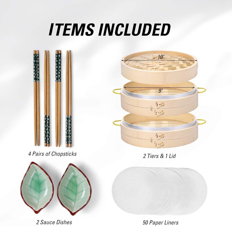 MacaRio Bamboo Steamer Basket Set 10 inch Steamer for Cooking, with Side Handles Chopsticks Ceramic Sauce Dishes Paper Liners, for Dim Sum Dumplings Buns Seafoods Rice Asian Foods - Image 3