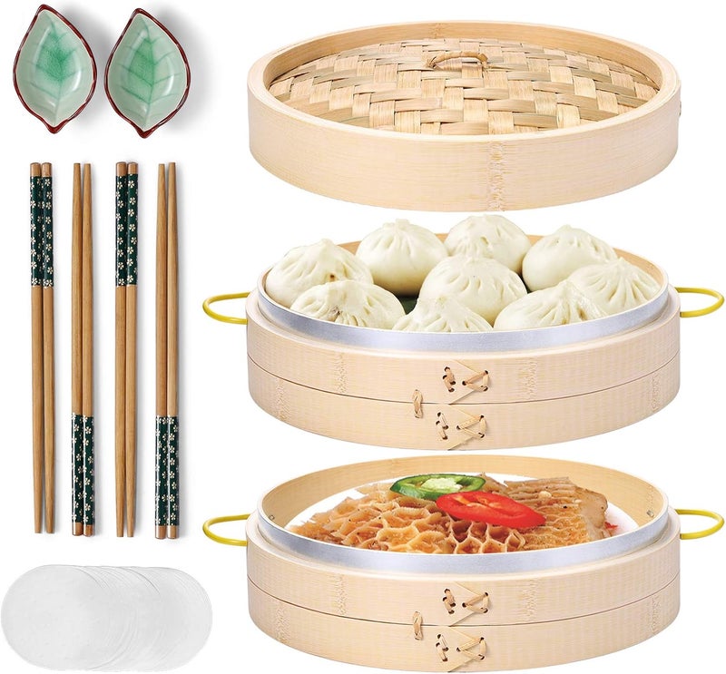 MacaRio Bamboo Steamer Basket Set 10 inch Steamer for Cooking, with Side Handles Chopsticks Ceramic Sauce Dishes Paper Liners, for Dim Sum Dumplings Buns Seafoods Rice Asian Foods - Image 1