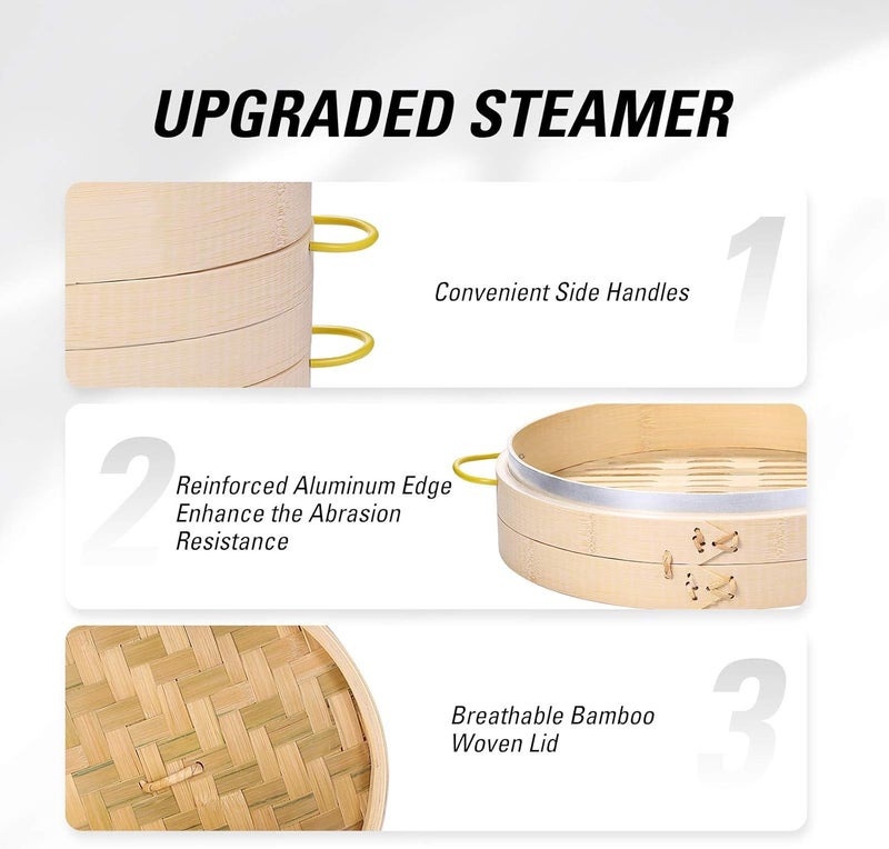 MacaRio Bamboo Steamer Basket Set 10 inch Steamer for Cooking, with Side Handles Chopsticks Ceramic Sauce Dishes Paper Liners, for Dim Sum Dumplings Buns Seafoods Rice Asian Foods - Image 4