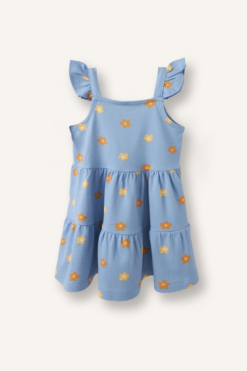 DeFacto Blue BabyGirl Floral Strappy Knitted Dress Casual - Image 1