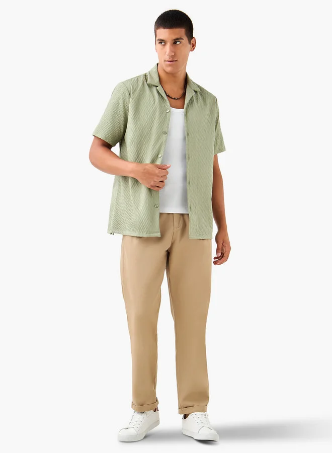 Splash FAV Regular Fit Dobby Textured Shirt with Camp Collar and Short Sleeves