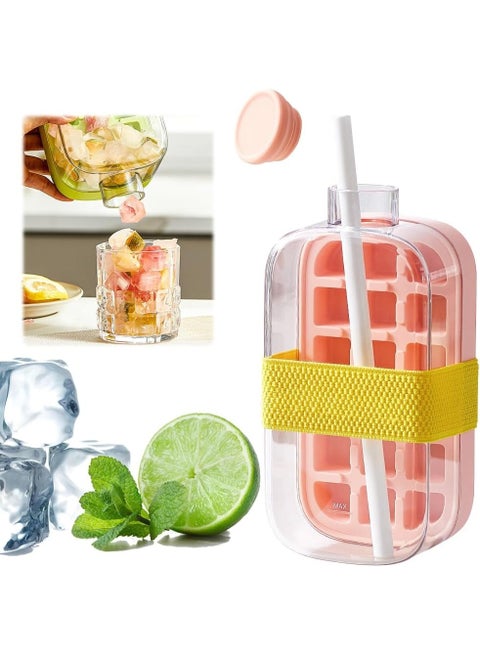 Ice Cube Bottle, 2 in 1 Ice Cube Tray Water Bottle with Lid and Bin, Ice Cube Making Bottle, Easy Press to Release Silicone Ice Cube Tray for Juice Beverages Coffee (Pink , 800 ML)