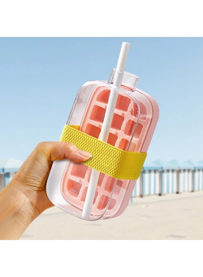 هابي هوم زجاجة مكعبات الثلج، زجاجة ماء 2 في 1 مع غطاء وصندوق، زجاجة لصنع مكعبات الثلج، صينية مكعبات ثلج سيليكون سهلة الضغط لتحريرها لمشروبات العصير والقهوة (وردي، 800 مل) - Image 4