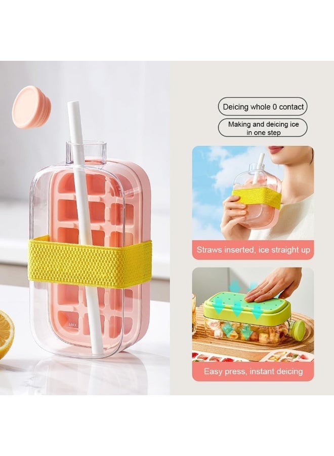 هابي هوم زجاجة مكعبات الثلج، زجاجة ماء 2 في 1 مع غطاء وصندوق، زجاجة لصنع مكعبات الثلج، صينية مكعبات ثلج سيليكون سهلة الضغط لتحريرها لمشروبات العصير والقهوة (وردي، 800 مل) - Image 2