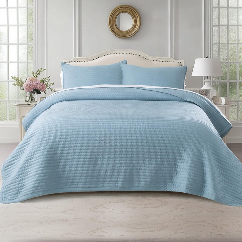 KASENTEX طقم لحاف كاسنتكس KWX1804-BL - مغسول بالحجر - غطاء سرير فائق النعومة - خفيف الوزن - حشوة ميكروفايبر بديلة للريش الأبيض - قابل للغسل في الغسالة - ألوان صلبة، كامل/ملكة + 2 غطاء وسادة، أزرق - Image 1