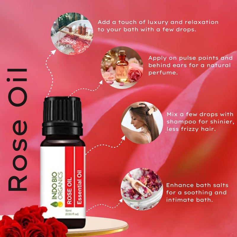 INDO BIO ORGANICS INDO BIO ORGANICS Rose Essential Oil for Face Hair Care and Aromatherapy Therapeutic Natural Organic Rose Essential Oils 15 Ml Rose - Image 2