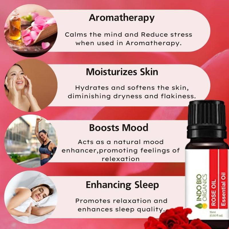 INDO BIO ORGANICS INDO BIO ORGANICS Rose Essential Oil for Face Hair Care and Aromatherapy Therapeutic Natural Organic Rose Essential Oils 15 Ml Rose - Image 3