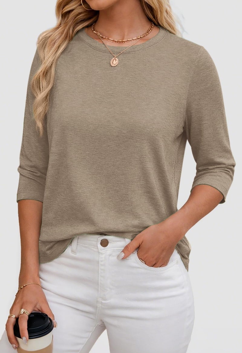ATHMILE Shirts for Women Trendy Summer 3/4 Sleeve T-Shirts Crewneck Cute Tunic Tops Basic Tees Blouses Loose Fit Pullover Apricot - Image 2