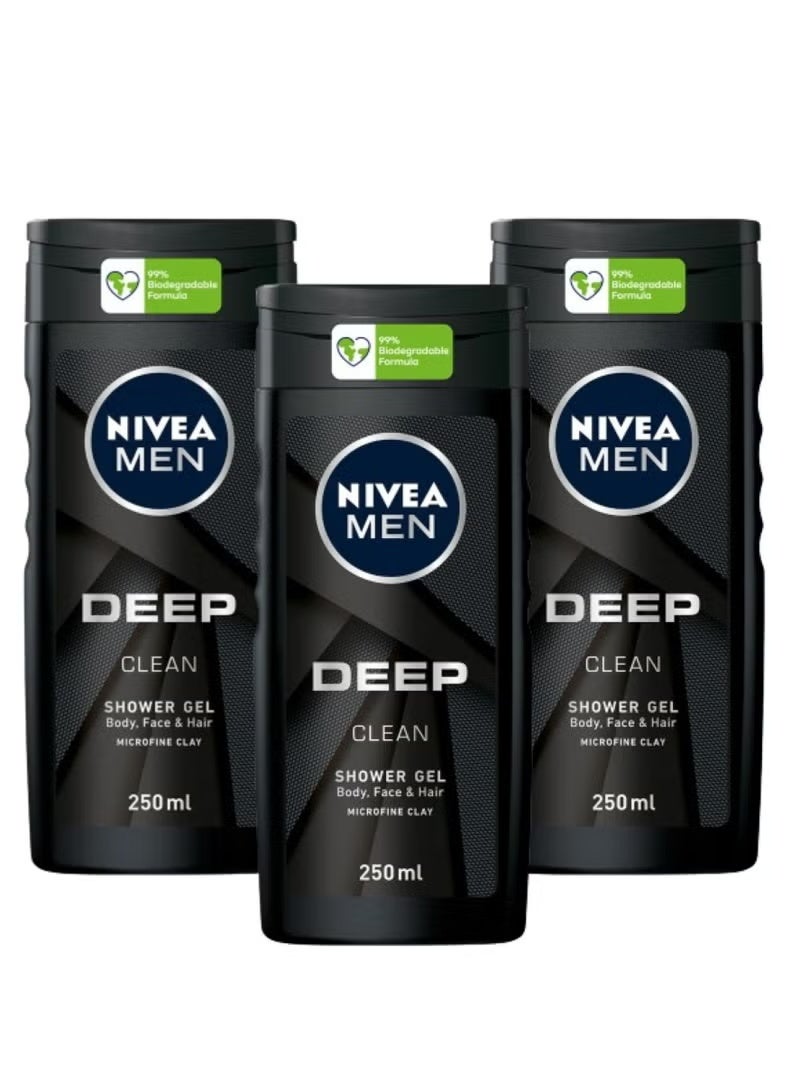Nivea Men 3-in-1 Deep Clean Shower Gel with Black Carbon – Body, Face & Hair Wash – 250 ml × 3 (Pack of 3) - Image 1