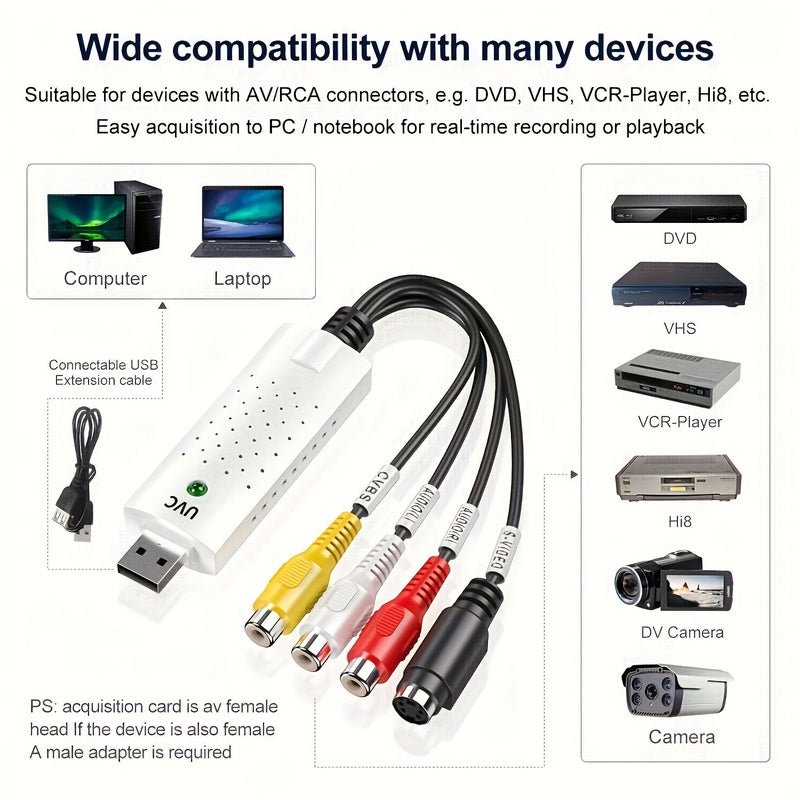 1pc USB 2.0 Video Capture Card With RCA Input VHS VCR To Digital Converter 720P Resolution Audio Video Grabber Compatible With Mini DV Hi8 DVD Camcorders White - Image 4