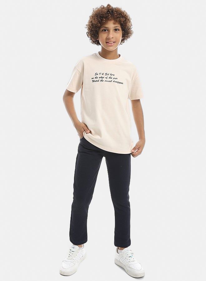 Andora Self Patterened Navy Elastic Waist Casual Pants-Navy - Image 5