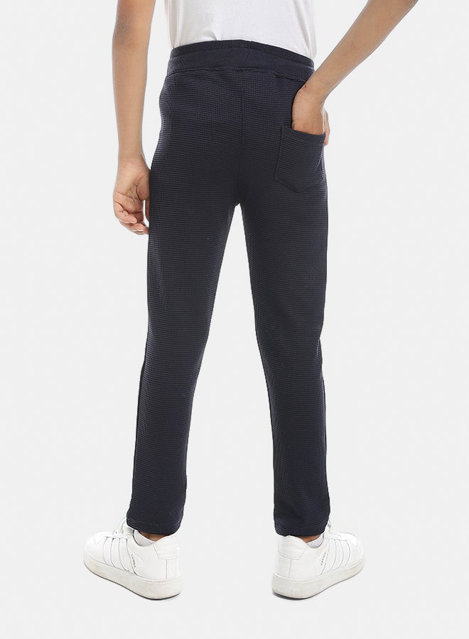 Andora Self Patterened Navy Elastic Waist Casual Pants-Navy - Image 2