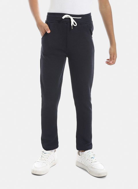 Self Patterened Navy Elastic Waist Casual Pants-Navy