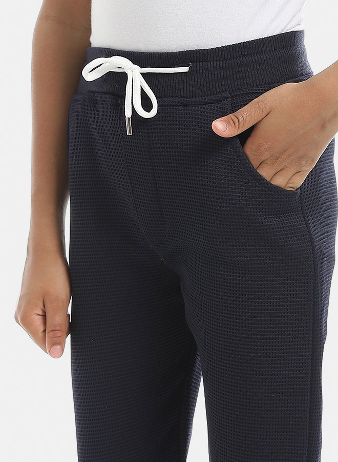 Andora Self Patterened Navy Elastic Waist Casual Pants-Navy - Image 3