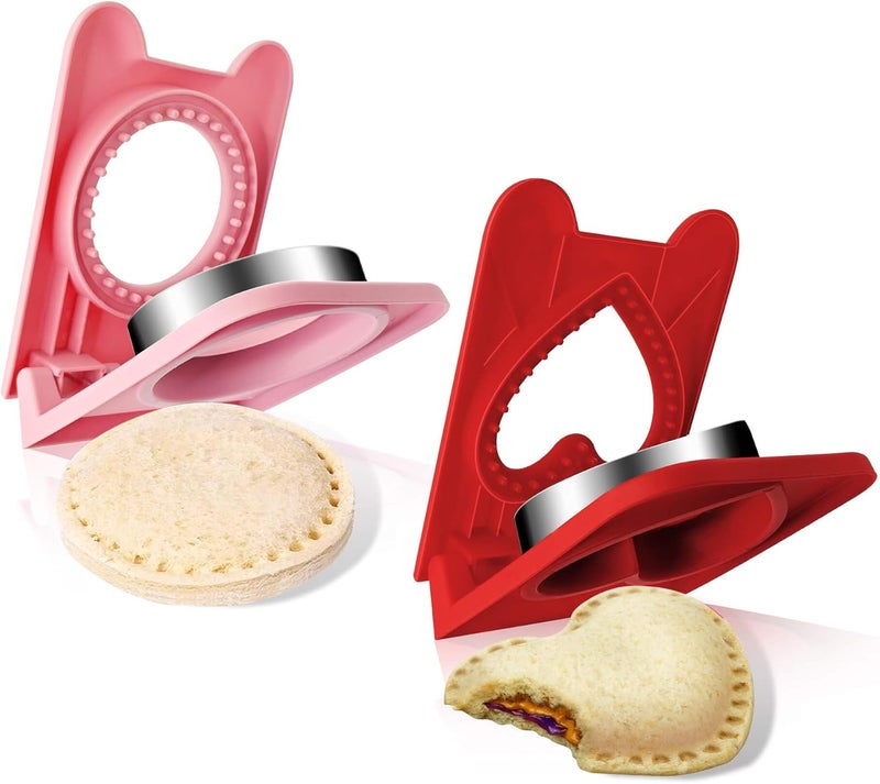BaokiTook 2PCS Sandwich Cutter and Sealer,Sandwich Cutters for Kids Lunch,Crustless Sandwich Cutter, Round and Heart Cookie Cutter for Children Lunchbox and Bento Box (Pink Round+Red Heart) - Image 1