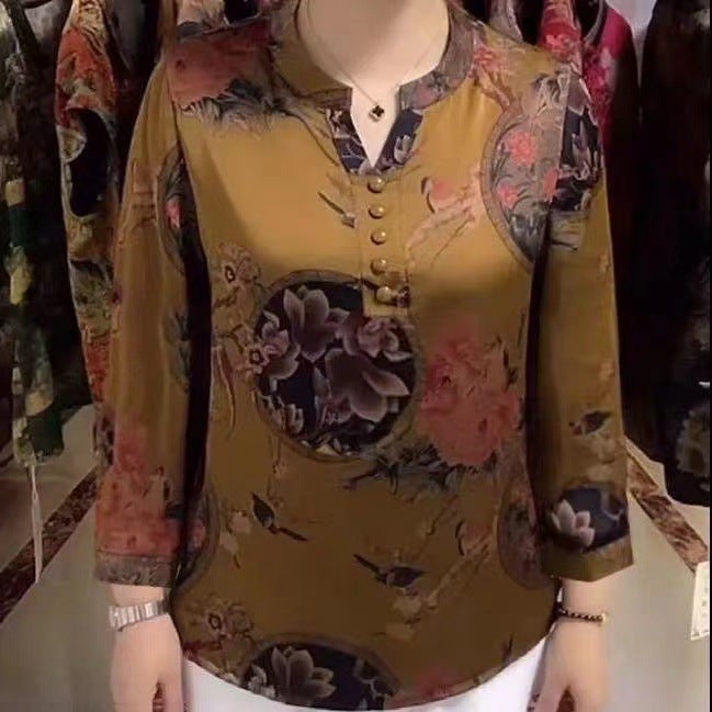 plus size middle-aged and elderly mother T-shirt 2024 summer new pullover V-neck lotus figure seven/long sleeve small shirt women Yellow seven-point sleeve] 