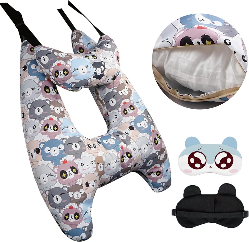 Tumahe Cute Cartoon Travel Pillow Suit, Kids & Adults Car Neck Head Support Cushion set,Travel car seat safety pillow,h shape car sleeping pillow kids,Pillow case can be disassembled and washed (A) - Image 1
