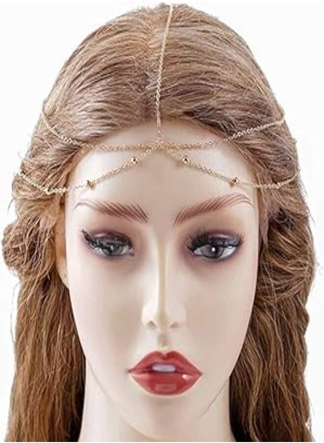Bomine - Bomine Boho Beaded Head Chain Gypsy Hair Chain Festival Wedding Jewelry Headpieces Hair Acessories for Women and Girls (Gold) - Image 1