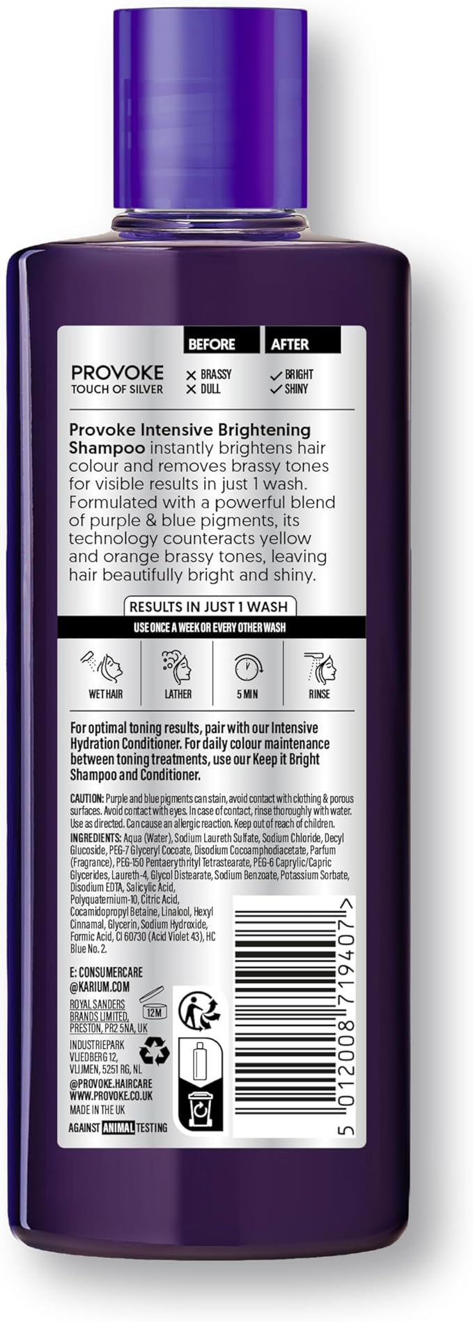 PROVOKE Touch Of Silver Brightening Purple Shampoo 200 ml Neutralises Yellow and Orange tones Formulated with Violet and Blue Pigments - Image 2